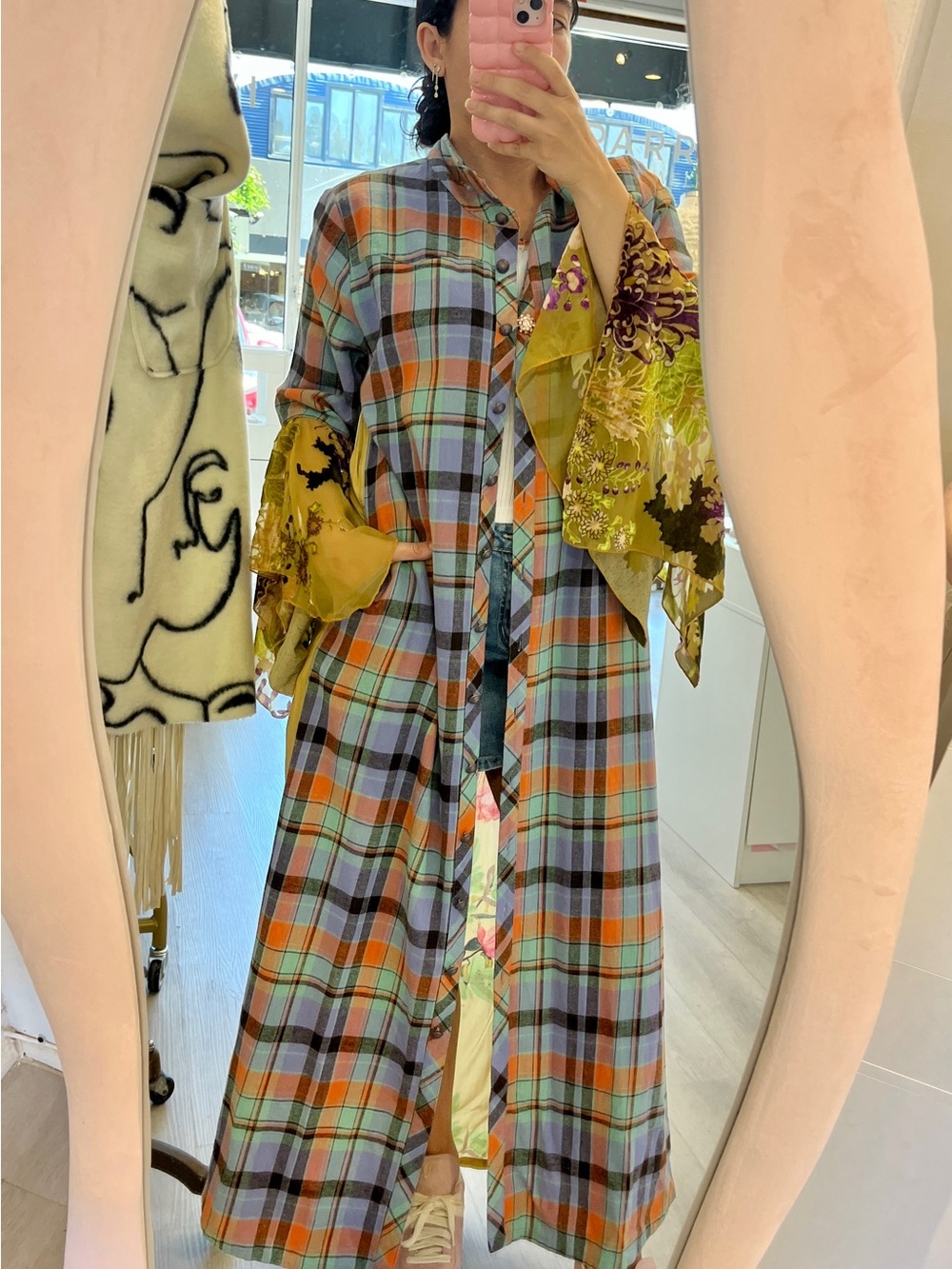 Aratta Multicolor Plaid Maxi Dress with Floral Sleeve Panels. NWT